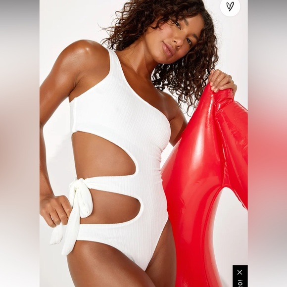Lulu’s Just Add Water White Ribbed One-Shoulder Side-Tie Swimsuit - Picture 2 of 8